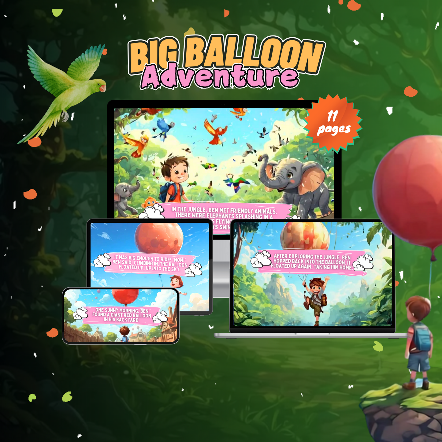 Big Balloon Adventure digital fun adventure book for children displayed on multiple devices with colorful illustrations