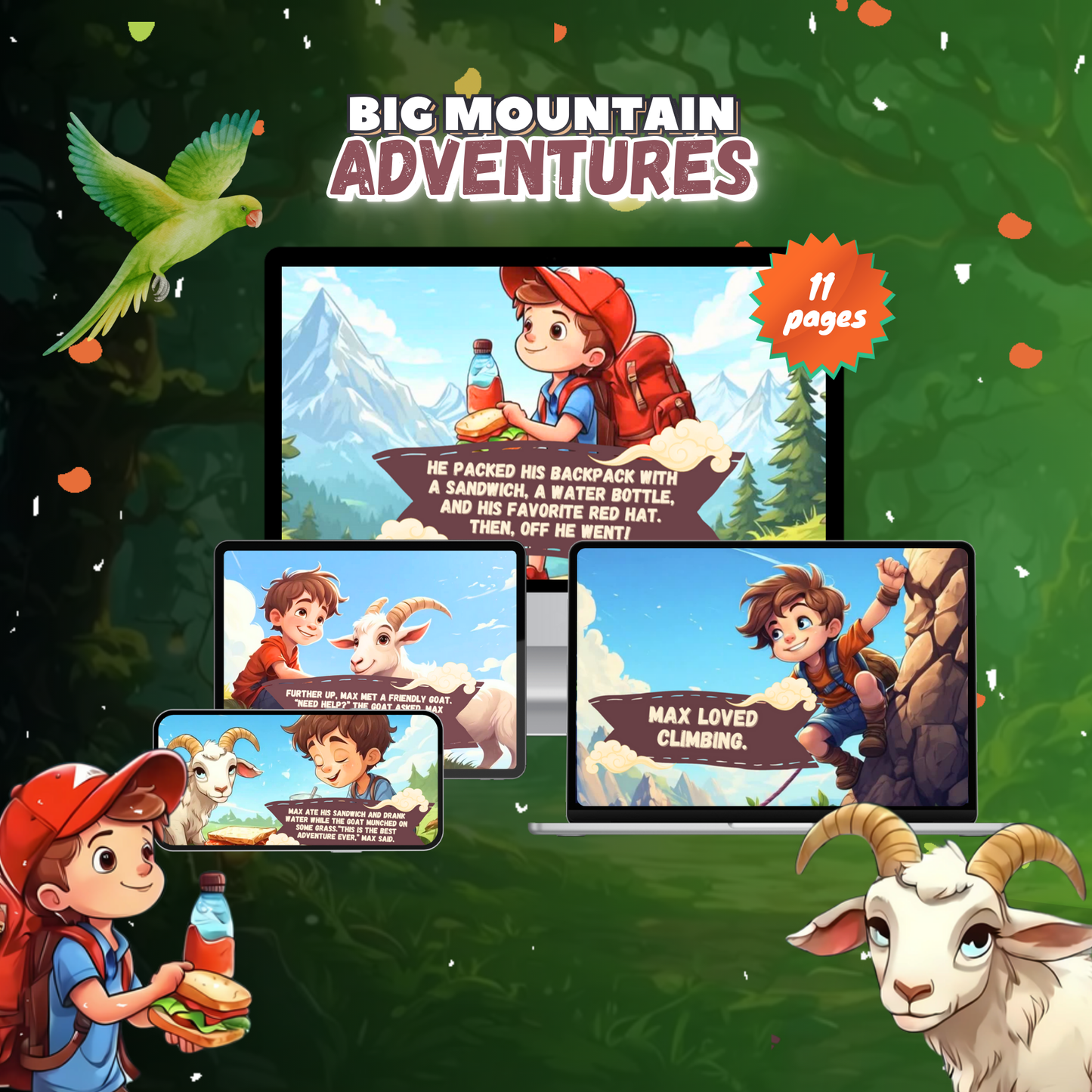 Big Mountain Adventure ebook featuring colorful illustrations on multiple devices for kids