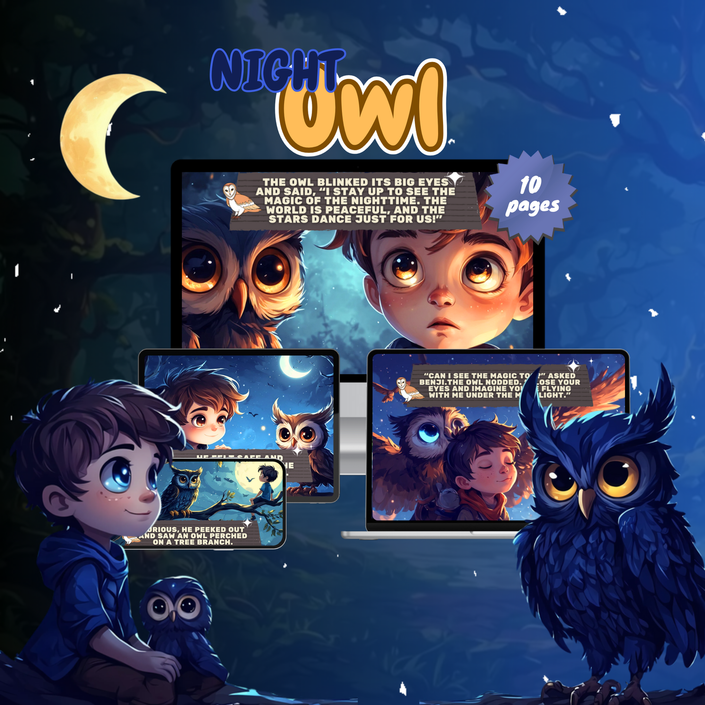 Digital bedtime story for toddlers titled Night Owl, featuring charming illustrations and an engaging storyline