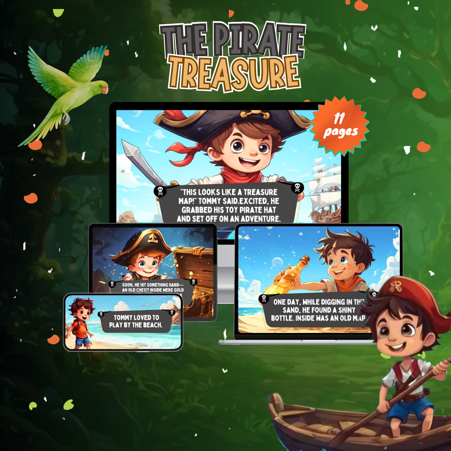 Digital pirate treasure story for kids with colorful illustrations and adventure themes
