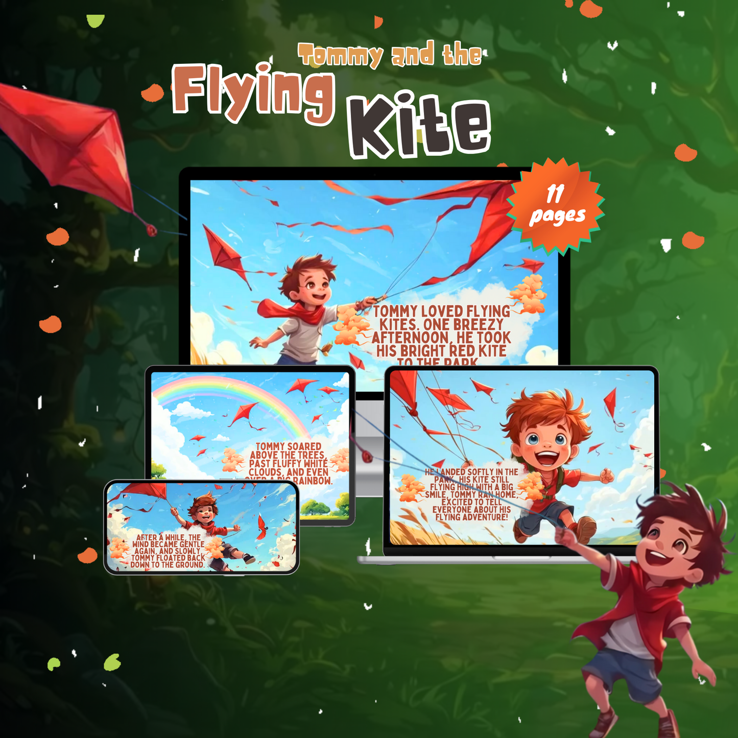 Digital storybook for young readers titled Tommy and the Flying Kite with colorful illustrations and 11 pages