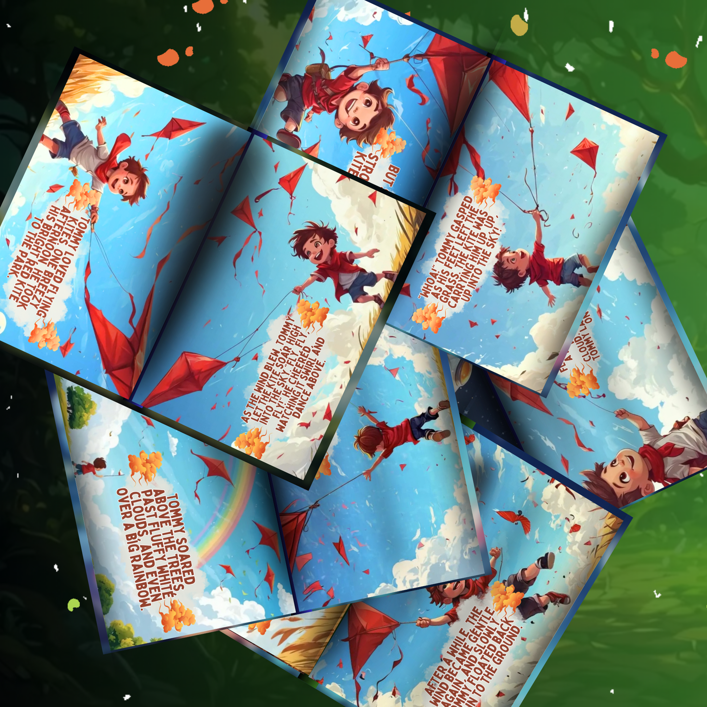 Colorful storybook for young readers featuring a boy flying kites in a vibrant sky