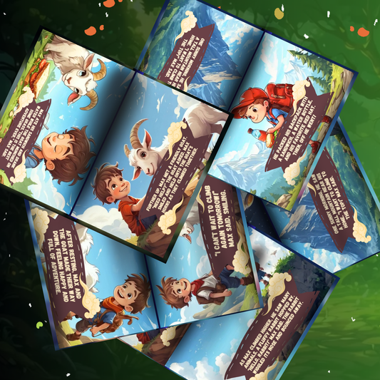 Colorful illustrations from the big mountain adventure ebook featuring children and animals in a scenic landscape
