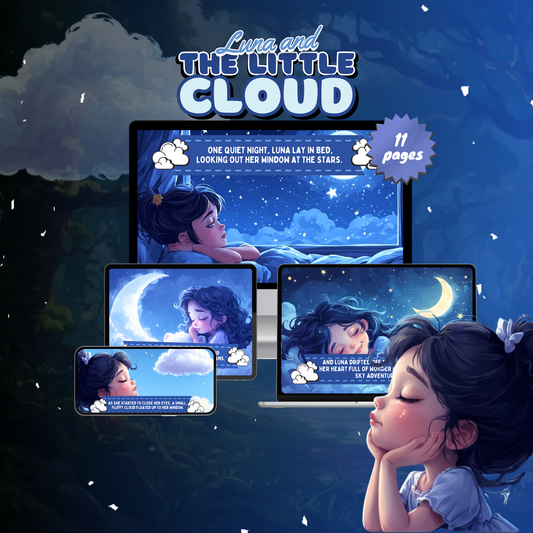Luna and the Little Cloud children's bedtime story illustrated on digital devices with colorful artwork