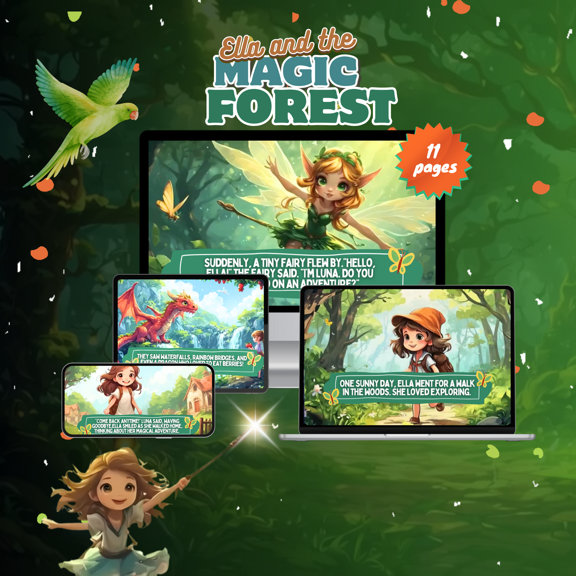 Ella and the Magic Forest ebook on various devices displaying colorful illustrations from the story