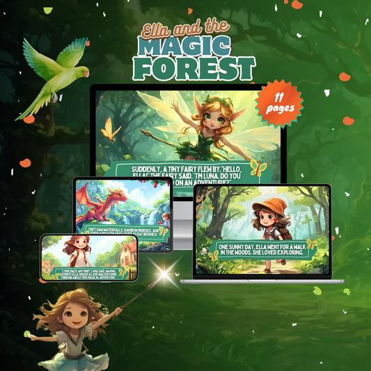Ella and the Magic Forest ebook on various devices displaying colorful illustrations from the story