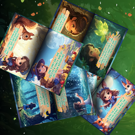 Colorful illustrations from a fun kids adventure book featuring magical characters and enchanting landscapes
