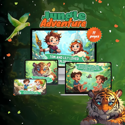 Digital Jungle Adventure storybook featuring Tom and Lily exploring with vibrant illustrations