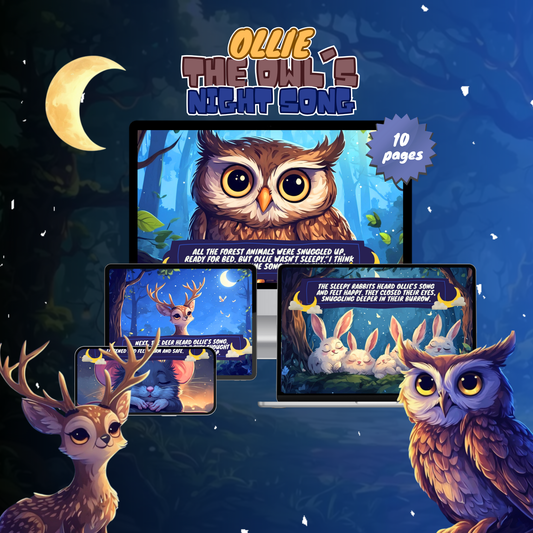 Kids Nighttime Relaxation Book 'Ollie the Owl's Night Song' with 10 illustrated pages for soothing bedtime stories