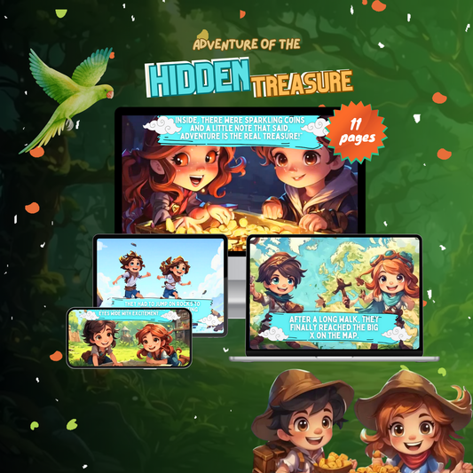 Adventure of the Hidden Treasure storybook PDF for children featuring colorful illustrations on multiple devices